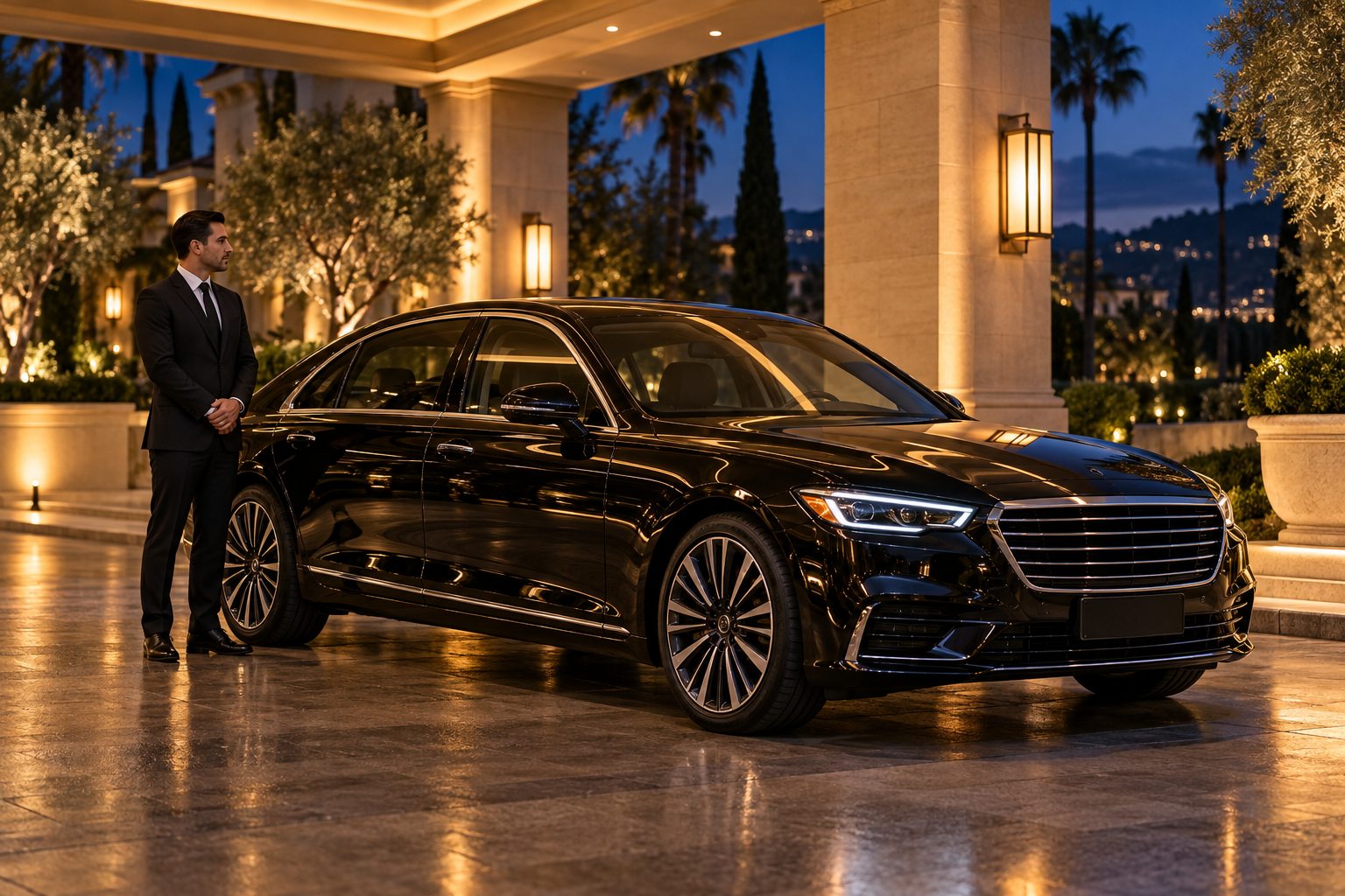 Black car service chauffeur standing beside a black luxury sedan under a hotel entrance at dusk
