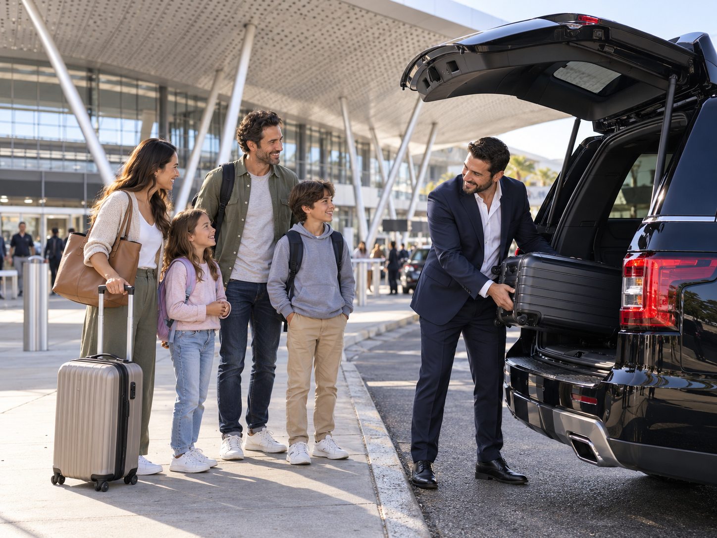 Private car service driver greeting a family with luggage at Burbank Airport (BUR)
