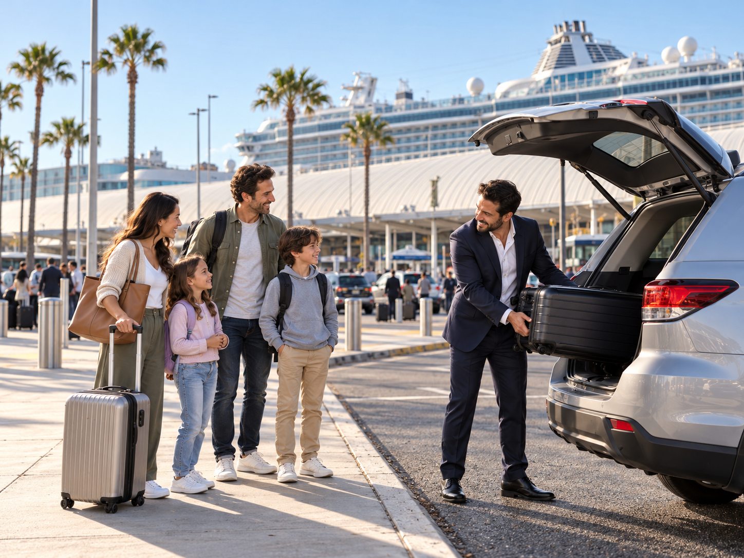 Xpress Shuttles driver loading a family's luggage into an SUV at the Los Angeles cruise terminal curb, with a cruise ship behind
