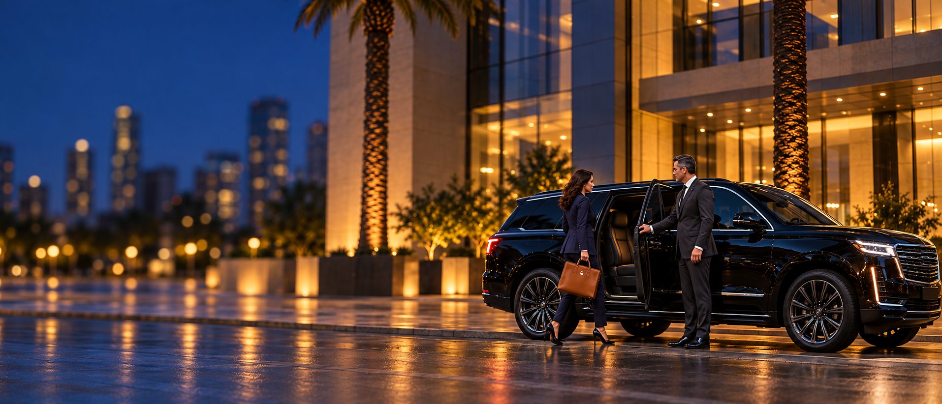 Driver holding the door of a black SUV for a business executive outside a downtown Los Angeles office tower