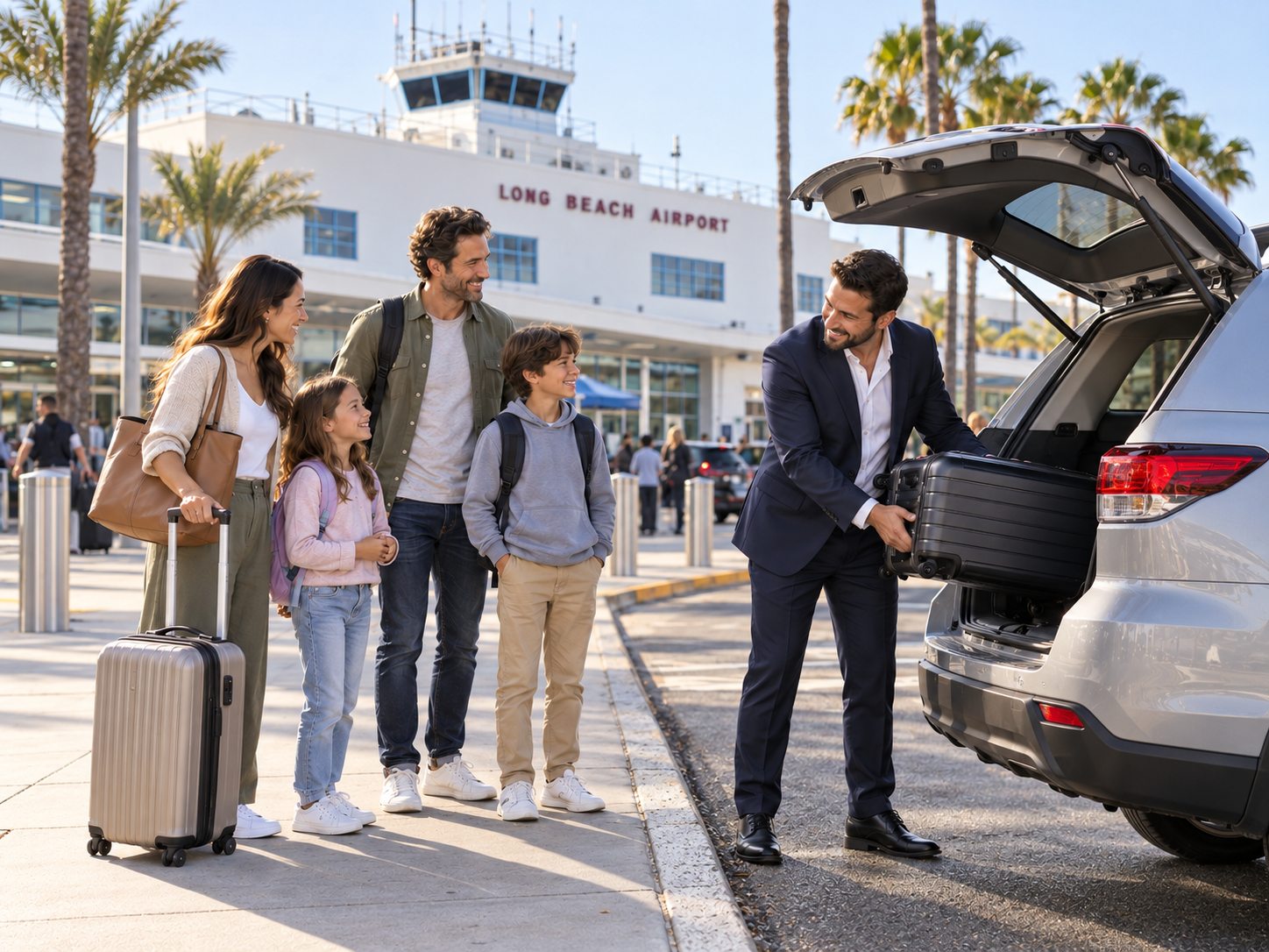 Long Beach Airport Family Pickup Private car service driver helping a family with luggage at Long Beach Airport (LGB)