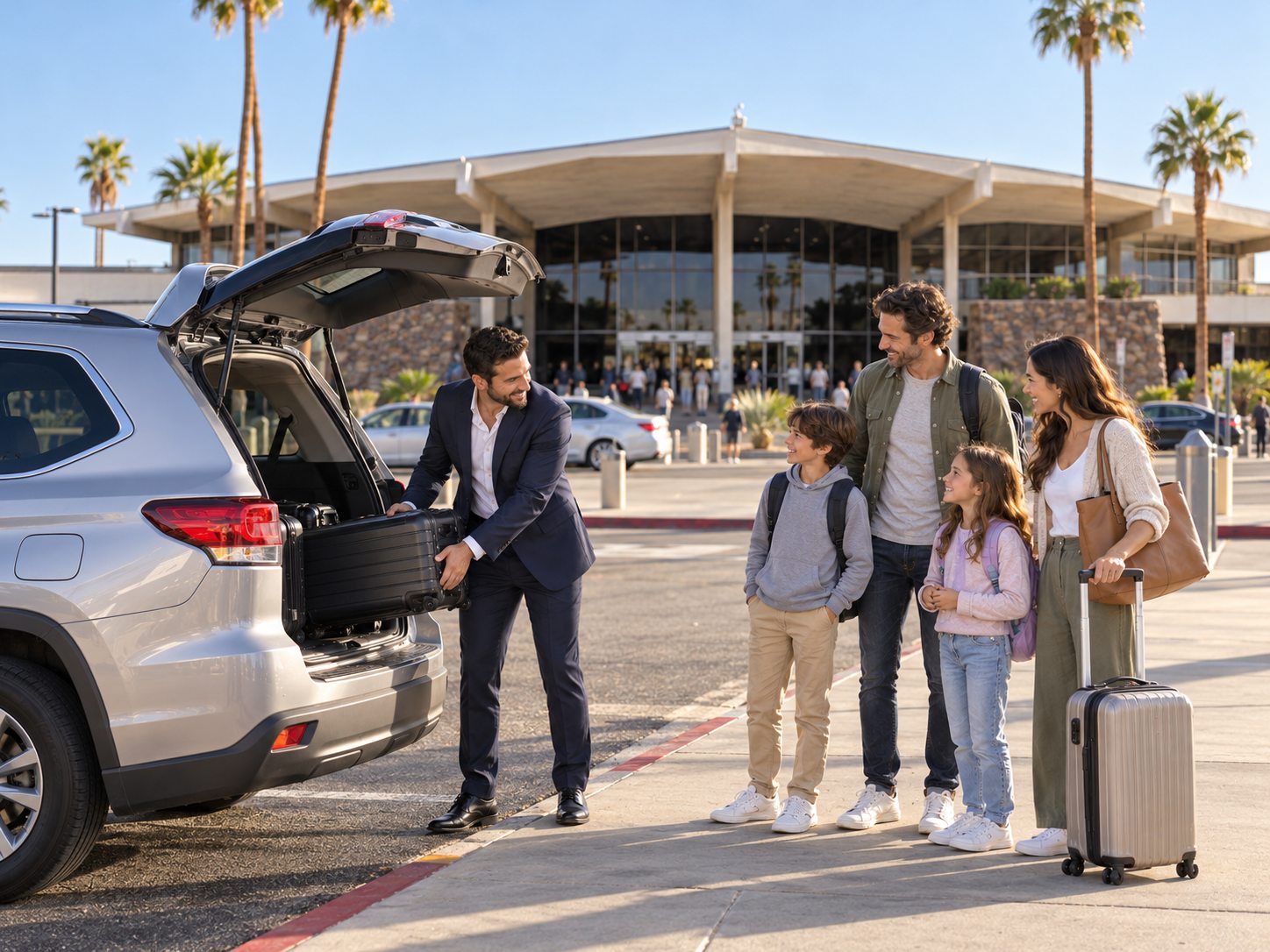 Palm Springs Airport Family Pickup Private car service driver helping a family with luggage at Palm Springs International Airport (PSP)