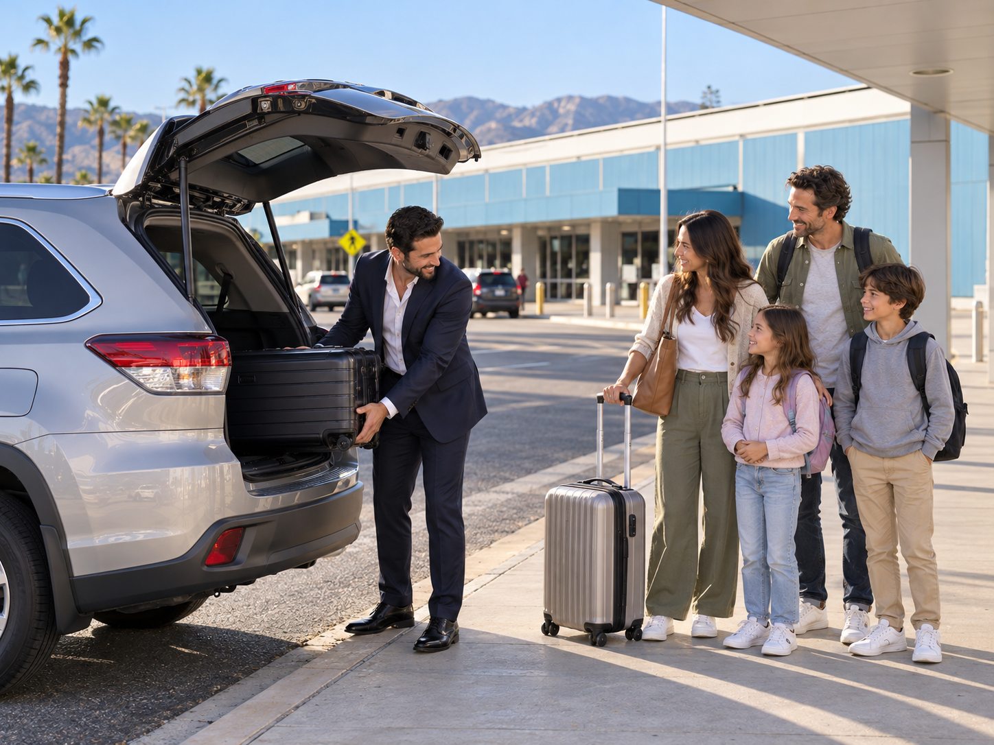 San Bernardino Airport Family Pickup Private car service driver helping a family with luggage at San Bernardino International Airport (SBD)